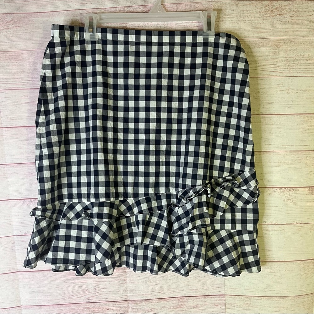 Draper‎ James 100% Cotton Navy Blue White Gingham Ruffle Skirt Size 14